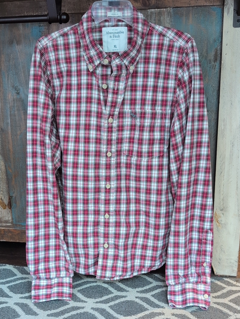 Abercrombie & Fitch Muscle Red Plaid Button Down Long Sleeve Shirt - Men's XL